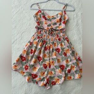 Hollister floral cut out sleeveless romper size M. Pink w/red + orange hibiscus